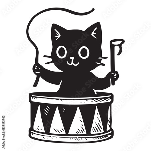 Cute Black Cat Circus Drummer Clipart - Kawaii Kitten Ringmaster Vector