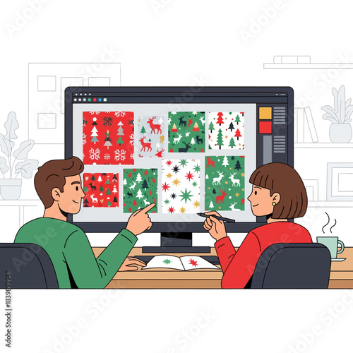 Flat vector scene showing two professionals collaboratively reviewing various modern, repeatable holiday patterns, like minimalist trees and geometric snowflakes, displayed on a studio monitor.