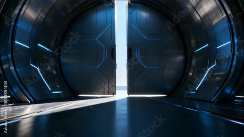 Futuristic sci-fi metal tunnel corridor with glowing blue lights and open doors
