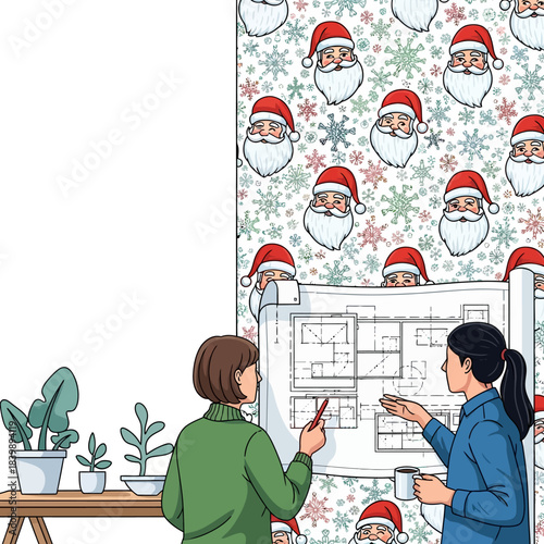 Ilustrasi vektor datar 2D menampilkan dua profesional grafis memeriksa cetak biru pola Natal berulang yang kompleks, salah satunya menyerupai Santa modern, membahas revisi di studio yang cerah.