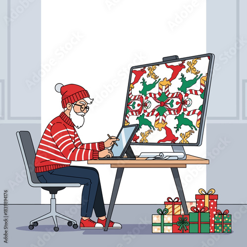Ilustrasi vektor datar 2D dari Sinterklas modern berkacamata sedang duduk di studio minimalisnya, menggunakan tablet besar untuk membuat pola berulang Natal yang mulus.