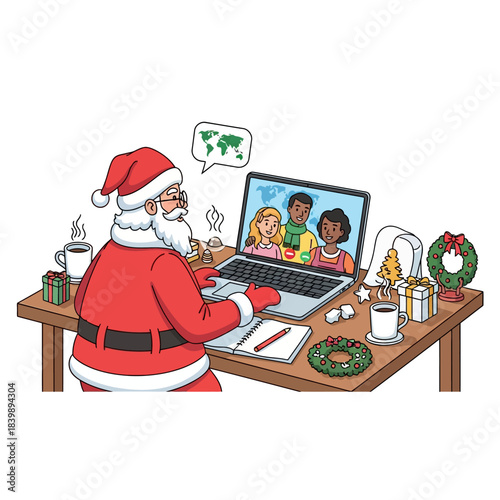 Ilustrasi vektor datar 2D: Sinterklas modern ceria melakukan panggilan video konferensi liburan jarak jauh di laptop dengan keluarga beragam, menampilkan koneksi global.
