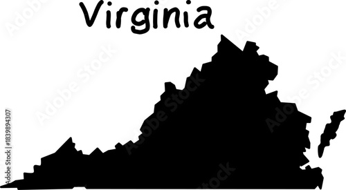 Black silhouette map of the state of Virginia with clean borders, perfect for educational use, graphic design, infographics, and geographic presentations.