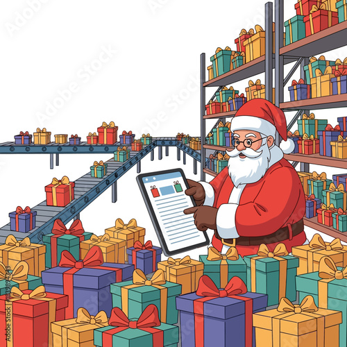 Flat 2D vector illustration showing Santa Claus efficiently managing the massive Christmas present inventory using a large digital tablet inside his organized North Pole warehouse.