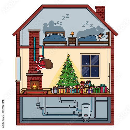 Ilustrasi vektor 2D meriah, penampang rumah bata merah klasik di malam hari, menampilkan Sinterklas turun ke perapian dari cerobong asap, dengan hadiah bersinar di bawah pohon Natal.