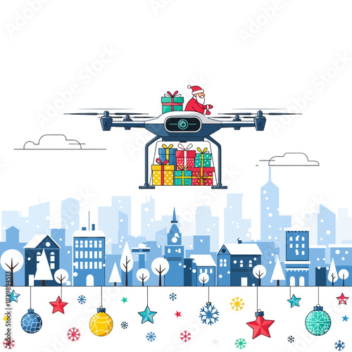 Ilustrasi panorama vektor datar 2D cerah Sinterklas menerbangkan drone pengiriman modern berhadiah di atas kota musim dingin bersalju.