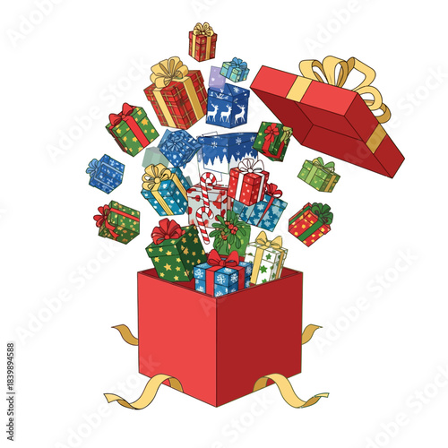 Ilustrasi vektor 2D datar yang cerah menampilkan ledakan hadiah Natal dari kotak kado terbuka, lengkap dengan pola kepingan salju, daun holly, dan pria roti jahe, merayakan kelimpahan musim liburan.