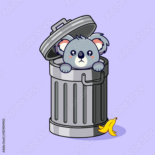 Sad Koala Peeking from a Trash Can Vector Illustration Cartoon Design Kawaii