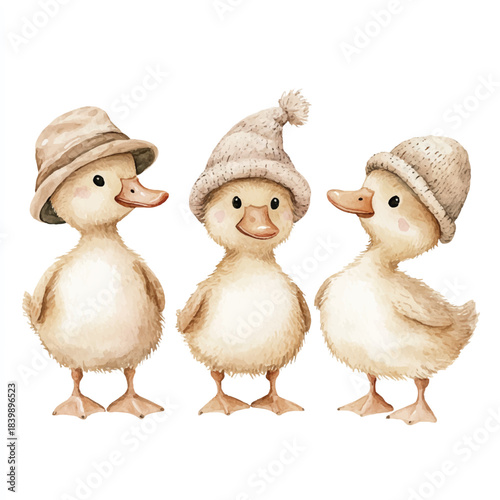 Three adorable watercolor ducklings wearing cute knitted hats.