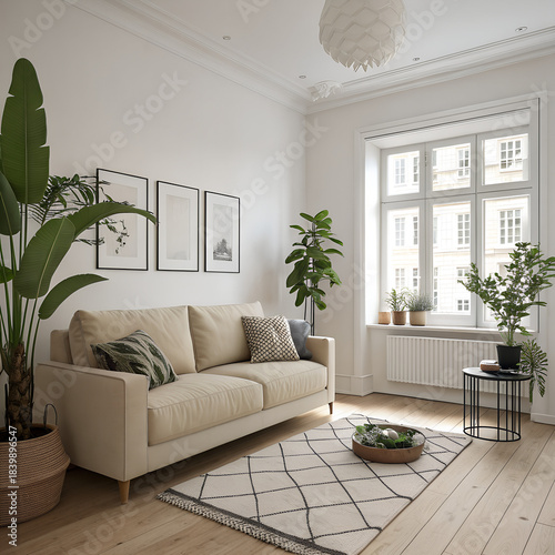 Bright and airy living room with modern sofa and large plants