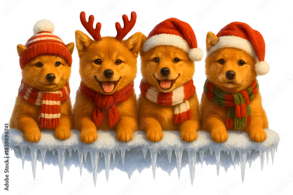 Fototapeta premium Cute Christmas Dog Breeds Collection – Holiday Puppy Set in Festive Winter Outfits, Transparent background, Finnish Spitz