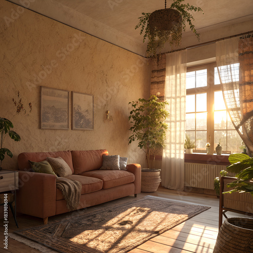 Warm sunlight streams into a cozy living room with plants and a sofa
