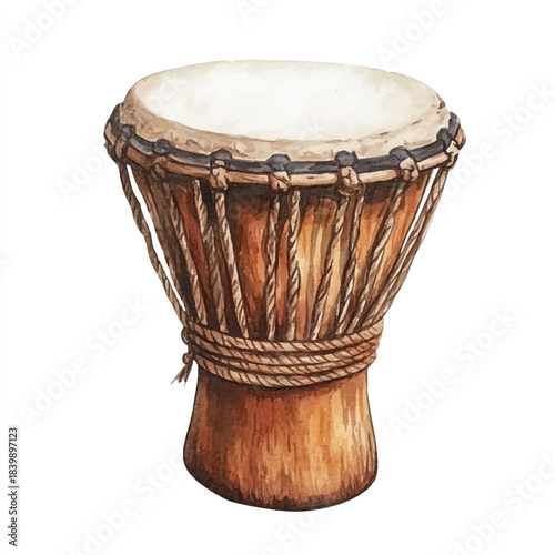 Traditional African djembe hand drum watercolor illustration.