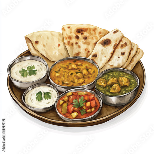 Traditional Indian Thali with Assortment of Dishes and Flatbreads.