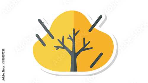 Stylized Autumn Tree With Yellow Leaves And Grey Branches Against A Soft Yellow Background With Light Grey Streaks Representing Wind Or Rain Simple Flat Design Graphic Element For Seasonal Themes
