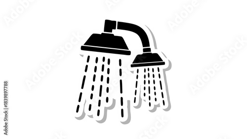 Stylized Black and White Illustration of Two Shower Heads with Flowing Water Against a Contrasting Dark Background