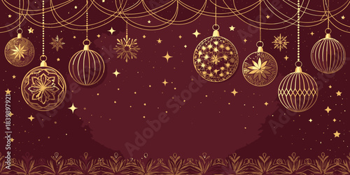 Christmas Dark maroon festive background with metallic gold accents, elegant holiday celebration.