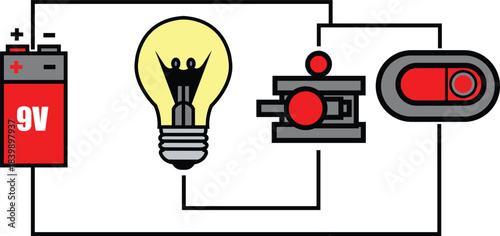 Basic electrical circuit diagram with battery, bulb and switches Vector