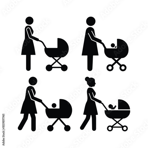 Woman pushing stroller silhouette set motherhood