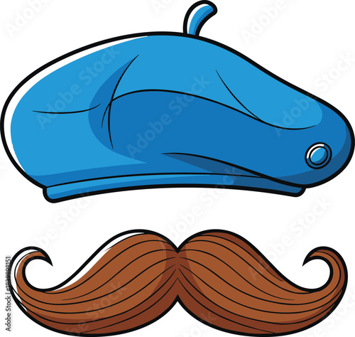 Blue Beret Hat and Brown Moustache on White Background french paris