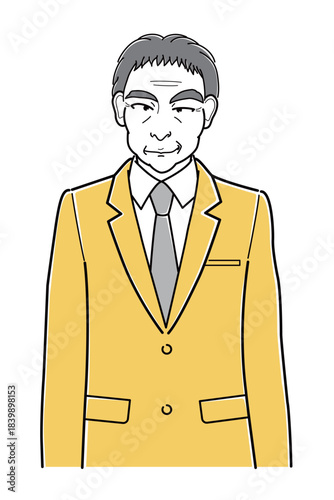 ニヒルな笑みのスーツの中年男性・上半身（シンプル）