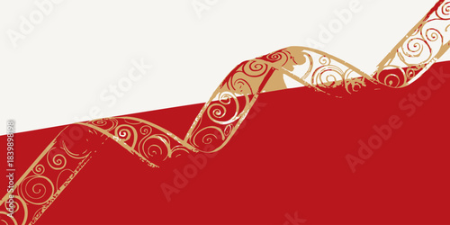 Christmas Festive golden ribbon swirl at the top of a clean white background, elegant holiday decoration.