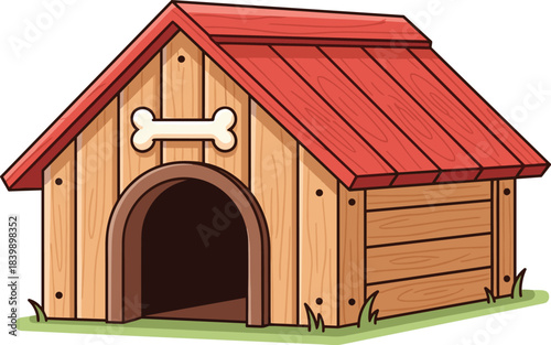 Cartoon Dog House with Red Roof and Bone Detail on White Background Keywords: dog house, kennel, pet shelter, wooden, wood, red