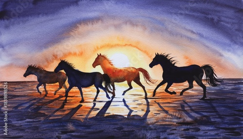 Running Horses on the Beach at Sunset – Painting Artwork