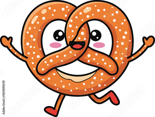 Cheerful Cartoon Pretzel Character Running with Arms Raised on White Background Keywords: pretzel, cartoon, character, food, snack