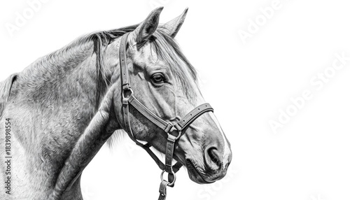 A striking black and white close-up portrait of a horse's head with a halter, set against a stark white background.