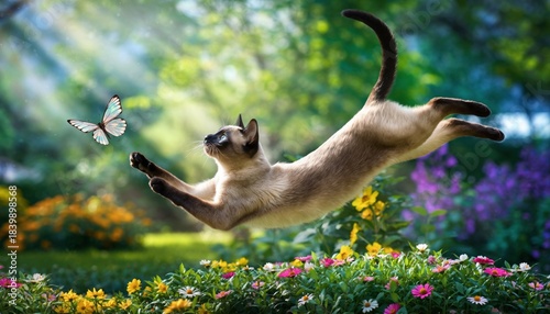 A Siamese cat leaps through a sun-dappled garden, reaching for a butterfly amidst colorful flowers.