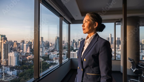 A confident businesswoman gazes out of a high-rise office window at a sprawling cityscape at sunset.