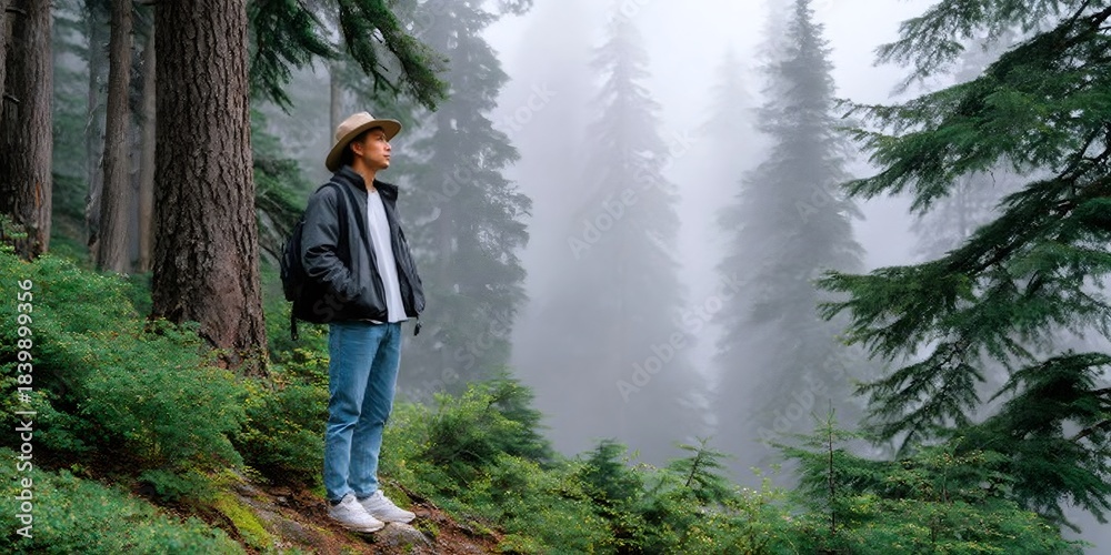 Obraz premium Man hiker standing in foggy forest appreciating nature