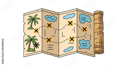 Cartoon illustration of an old, rolled pirate treasure map with a dotted path, X marks, and islands with palm trees on a white background.