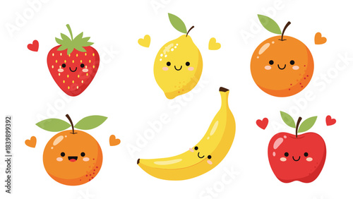 Adorable collection of cute kawaii fruit characters with smiling faces, including a strawberry, lemon, orange, banana, and apple with hearts.