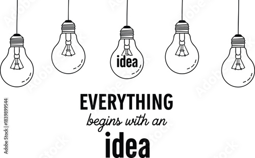 Light bulbs and text Everything begins with an idea on white background concept inspiration