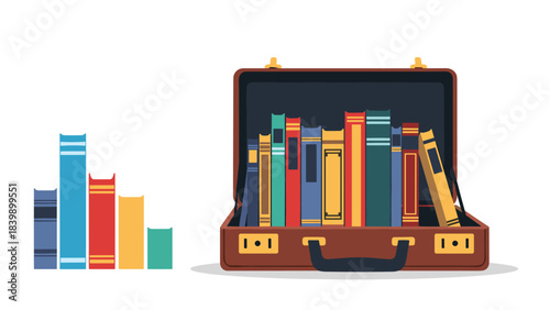 An open vintage suitcase packed with a variety of colorful books, with another stack of books beside it, symbolizing travel and knowledge.
