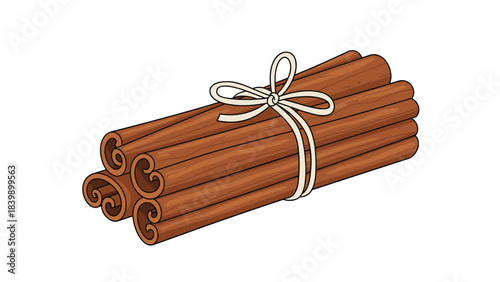 A neat bundle of brown cinnamon sticks tied together with a simple white string bow, isolated on a clean white background.
