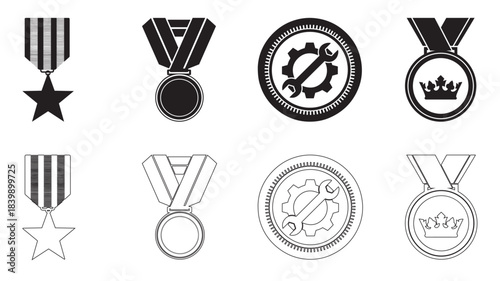 Black and white medal icons with stars, gears, wrenches, and crowns Keywords: medal, icon, award, winner, star, gear, wrench, crown, competition