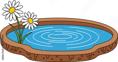 Small pond with ripples and two daisies on a white background water waves