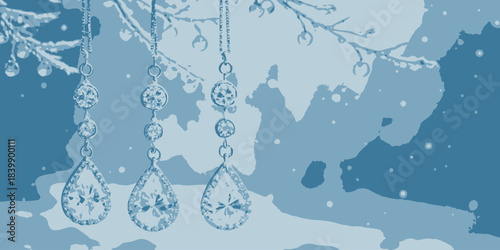 Christmas Icy silver-blue gradient background with dangling crystal-like ornaments, elegant winter decoration