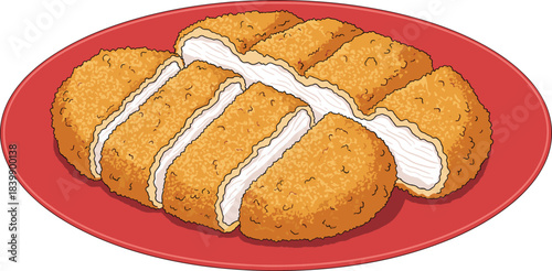 Sliced Breaded Chicken Cutlets on a Red Oval Plate Keywords: chicken, cutlet, breaded, fried, food, meal, dish, cuisine, meat