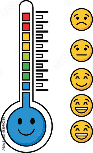 Thermometer with Color Levels and Five Emoji Faces emotions feelings