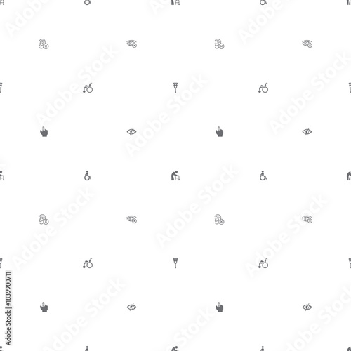 Seamless pattern Disability People Pictograms icon on white background. Included icons such as Disabled health care, medical tools, equipment stick figure, crutches, wheelchair