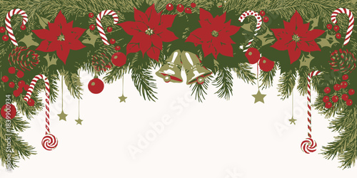 Christmas Realistic vector Christmas border with pine needles, berries, and subtle festive elements for a natural feel.