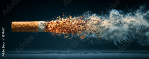 Cigarette burning with ash and smoke spreading in dark background, symbolizing smoking hazard and health risk