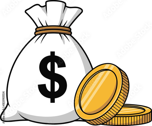 White Money Bag With Black Dollar Sign And Two Gold Coins On White Background cash finance