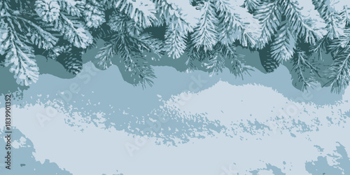 Christmas Top border of a snow-covered pine garland with cool blue accents and festive holiday feel