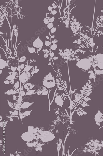 A refined botanical foliage silhouette seamless pattern featuring wild plants, leaves, and delicate floral stems in a soft monochrome style. Ideal for fabric printing, wallpaper, packaging, stationery