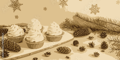 Christmas Soft cream Christmas theme with pine cones and delicate decorative elements for a cozy holiday feel
